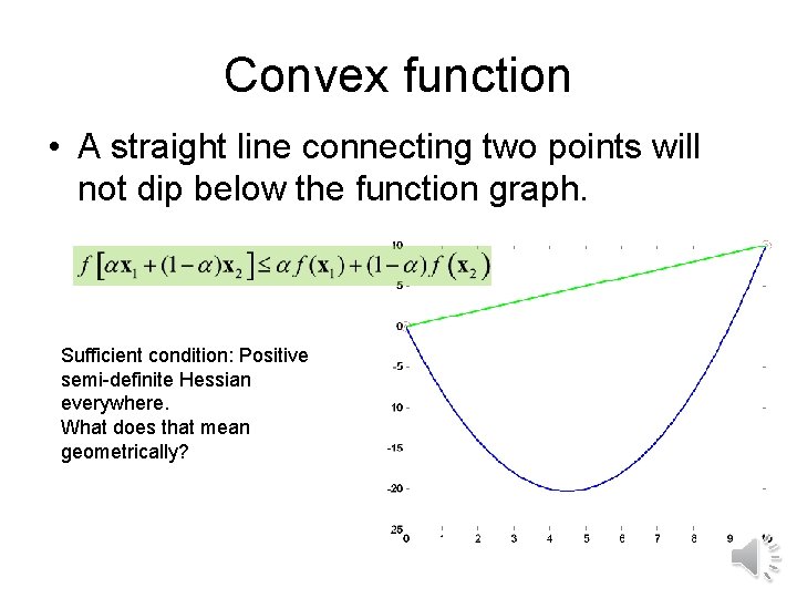 Convex function • A straight line connecting two points will not dip below the