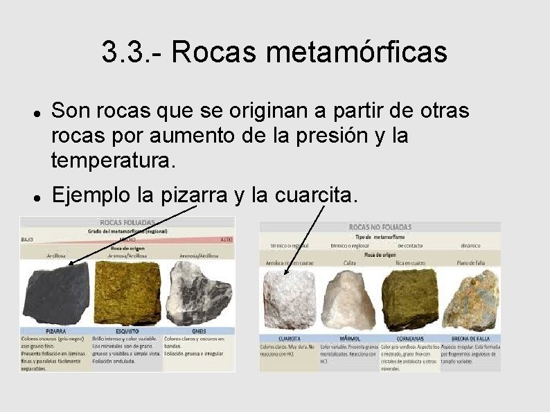 3. 3. - Rocas metamórficas Son rocas que se originan a partir de otras