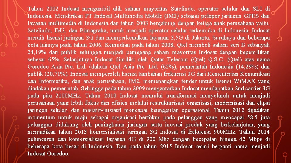 Tahun 2002 Indosat mengambil alih saham mayoritas Satelindo, operator selular dan SLI di Indonesia.
