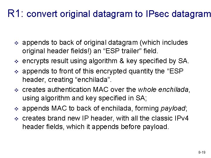 R 1: convert original datagram to IPsec datagram v v v appends to back