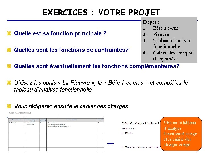 EXERCICES : VOTRE PROJET z Quelle est sa fonction principale ? z Quelles sont