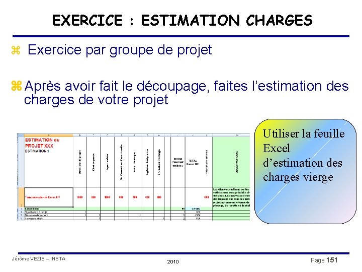 EXERCICE : ESTIMATION CHARGES z Exercice par groupe de projet z Après avoir fait