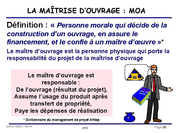 LA MAÎTRISE D’OUVRAGE : MOA Définition : « Personne morale qui décide de la