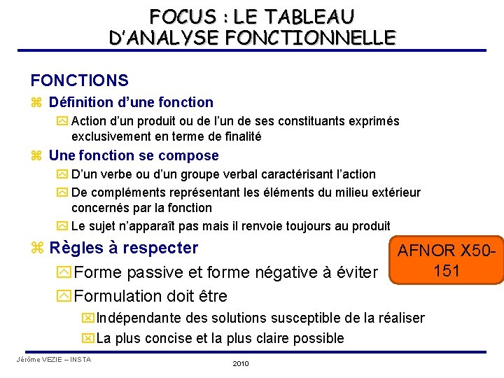 FOCUS : LE TABLEAU D’ANALYSE FONCTIONNELLE FONCTIONS z Définition d’une fonction y Action d’un