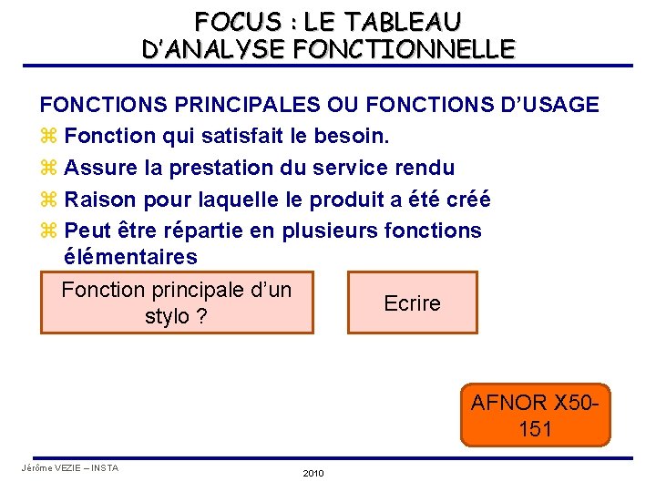 FOCUS : LE TABLEAU D’ANALYSE FONCTIONNELLE FONCTIONS PRINCIPALES OU FONCTIONS D’USAGE z Fonction qui