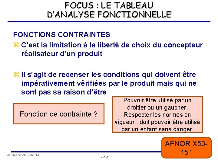 FOCUS : LE TABLEAU D’ANALYSE FONCTIONNELLE FONCTIONS CONTRAINTES z C’est la limitation à la