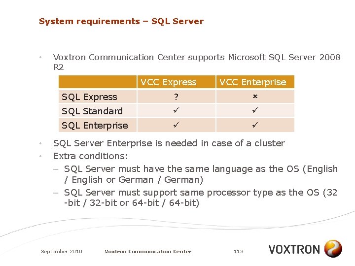 System requirements – SQL Server • Voxtron Communication Center supports Microsoft SQL Server 2008