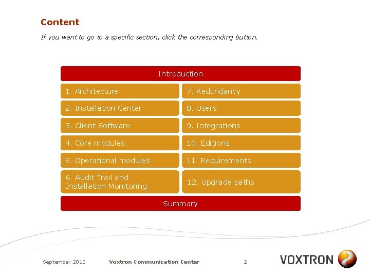 Content If you want to go to a specific section, click the corresponding button.