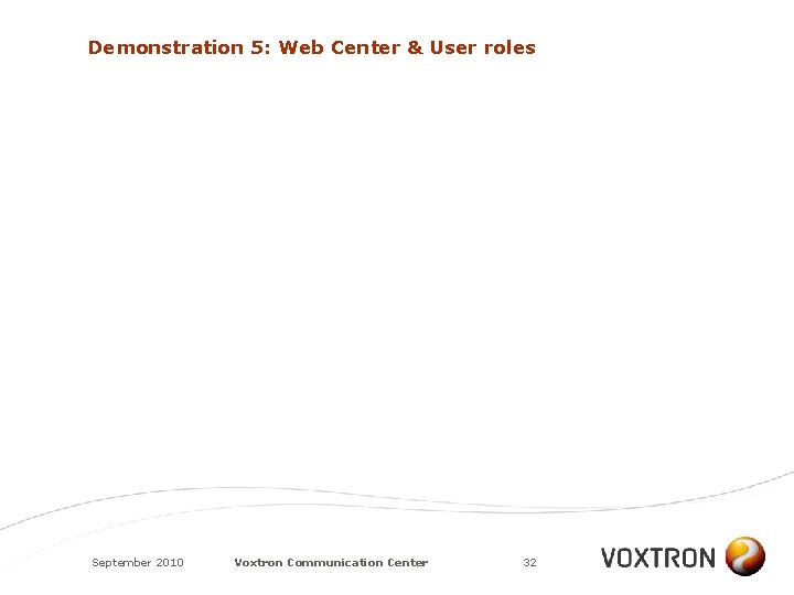 Demonstration 5: Web Center & User roles September 2010 Voxtron Communication Center 32 