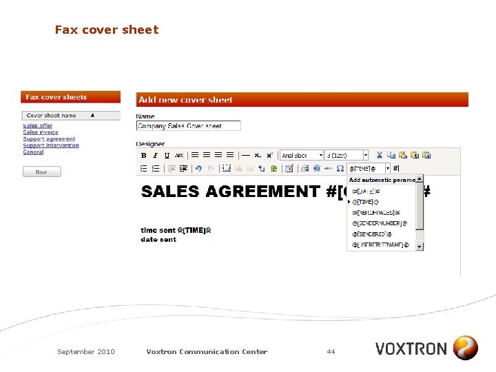 Fax cover sheet September 2010 Voxtron Communication Center 44 