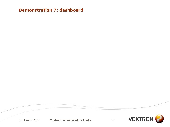 Demonstration 7: dashboard September 2010 Voxtron Communication Center 58 