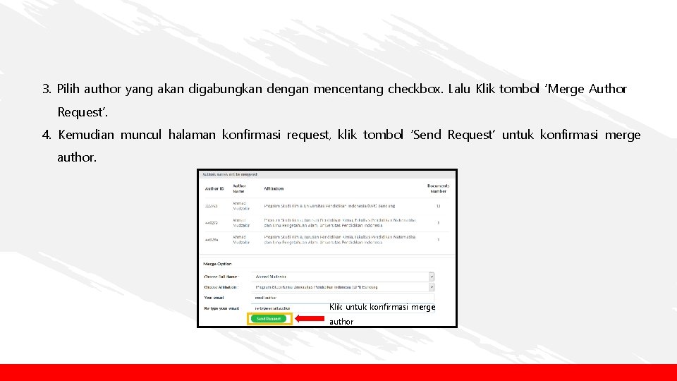 3. Pilih author yang akan digabungkan dengan mencentang checkbox. Lalu Klik tombol ‘Merge Author