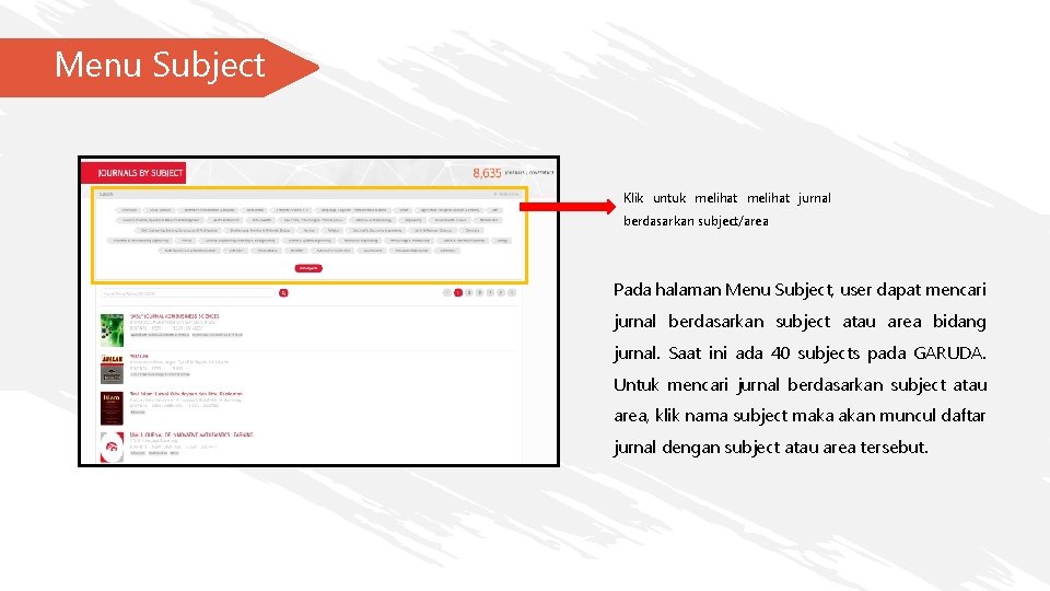 Menu Subject Klik untuk melihat jurnal berdasarkan subject/area Pada halaman Menu Subject, user dapat