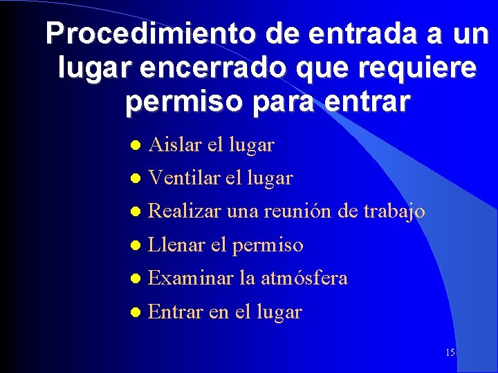 Procedimiento de entrada a un lugar encerrado que requiere permiso para entrar Aislar el