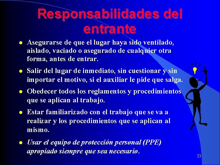 Responsabilidades del entrante Asegurarse de que el lugar haya sido ventilado, aislado, vaciado o