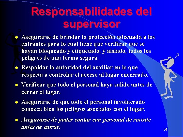 Responsabilidades del supervisor Asegurarse de brindar la protección adecuada a los entrantes para lo