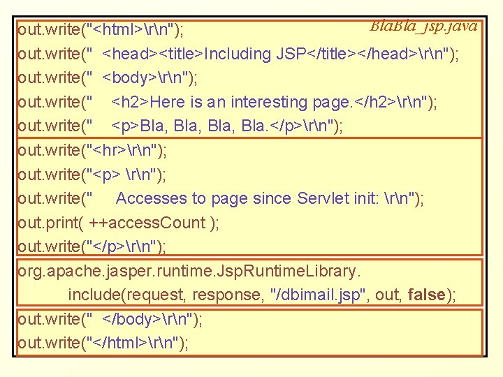 Bla. Bla_jsp. java out. write("<html>rn"); out. write(" <head><title>Including JSP</title></head>rn"); out. write(" <body>rn"); out. write("