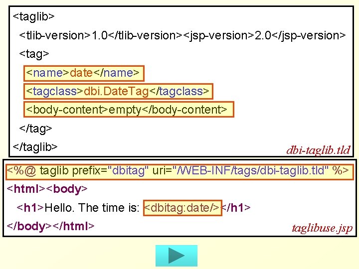 <taglib> <tlib-version>1. 0</tlib-version><jsp-version>2. 0</jsp-version> <tag> <name>date</name> <tagclass>dbi. Date. Tag</tagclass> <body-content>empty</body-content> </tag> </taglib> dbi-taglib. tld