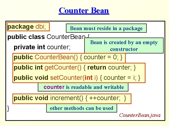 Counter Bean package dbi; Bean must reside in a package public class Counter. Bean