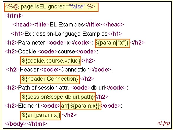 <%@ page is. ELIgnored="false" %> <html> <head><title>EL Examples</title></head> <h 1>Expression-Language Examples</h 1> <h 2>Parameter