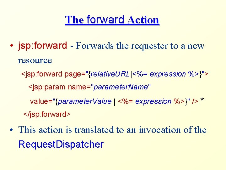 The forward Action • jsp: forward - Forwards the requester to a new resource