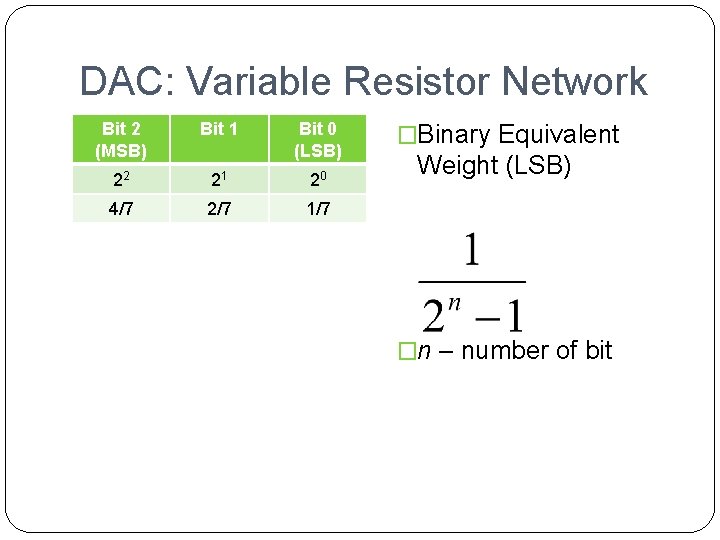 DAC: Variable Resistor Network Bit 2 (MSB) Bit 1 Bit 0 (LSB) 22 21