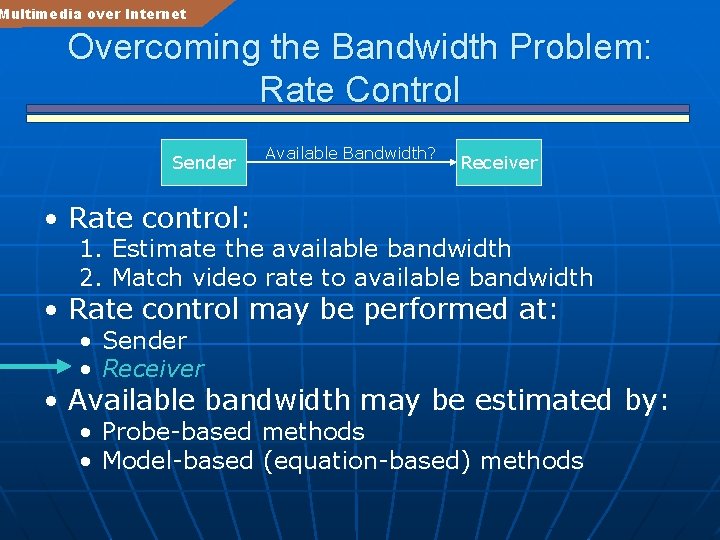 Multimedia over Internet Overcoming the Bandwidth Problem: Rate Control Sender Available Bandwidth? Receiver •