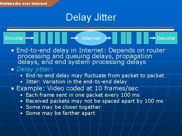 Multimedia over Internet Delay Jitter Encoder Internet Decoder • End-to-end delay in Internet: Depends