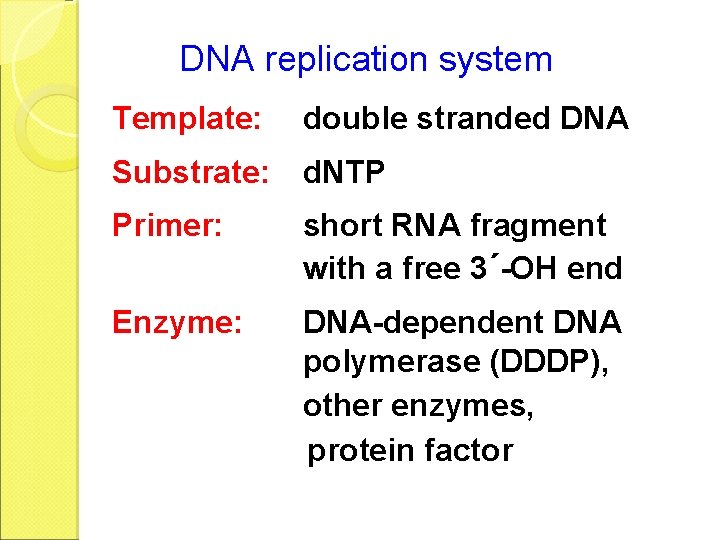 DNA replication system Template: double stranded DNA Substrate: d. NTP Primer: short RNA fragment