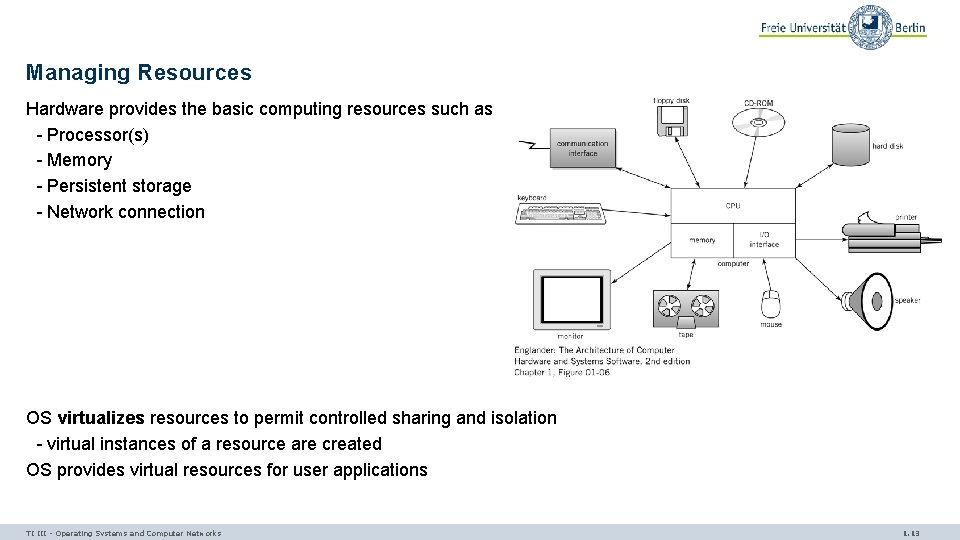 Managing Resources Hardware provides the basic computing resources such as - Processor(s) - Memory