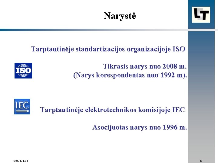 Narystė Tarptautinėje standartizacijos organizacijoje ISO Tikrasis narys nuo 2008 m. (Narys korespondentas nuo 1992