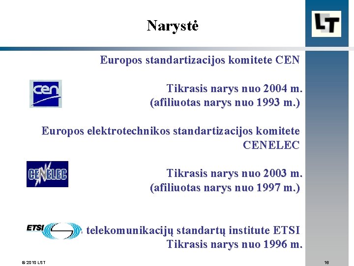 Narystė Europos standartizacijos komitete CEN Tikrasis narys nuo 2004 m. (afiliuotas narys nuo 1993