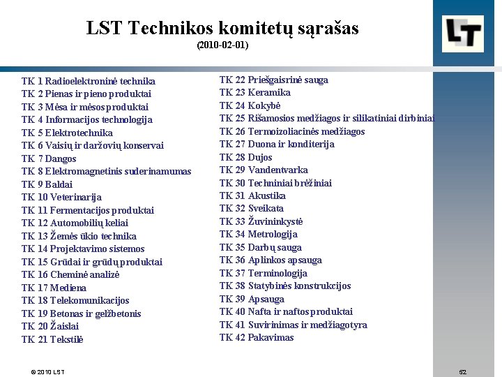 LST Technikos komitetų sąrašas (2010 -02 -01) TK 1 Radioelektroninė technika TK 2 Pienas