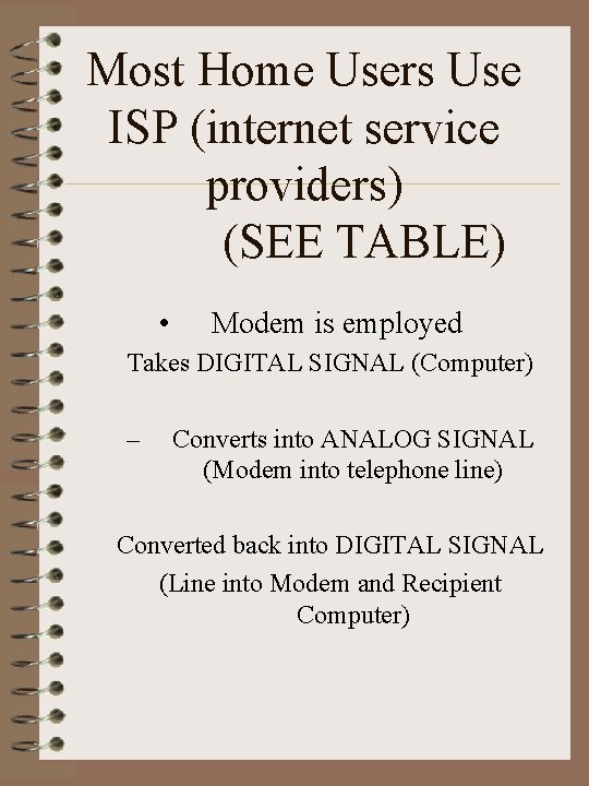 Most Home Users Use ISP (internet service providers) (SEE TABLE) • Modem is employed