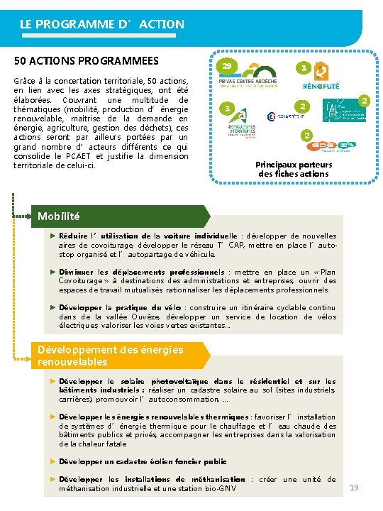 LE PROGRAMME D’ACTION 50 ACTIONS PROGRAMMEES Grâce à la concertation territoriale, 50 actions, en