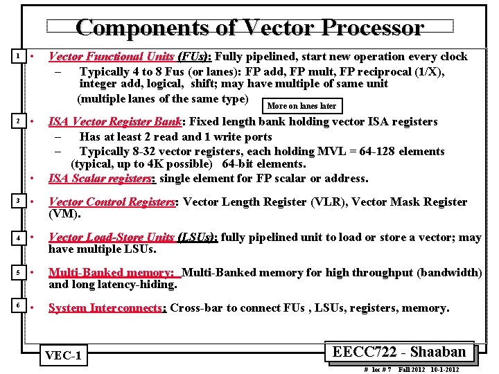Components of Vector Processor 1 • Vector Functional Units (FUs): Fully pipelined, start new