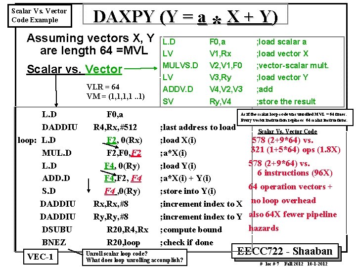 Scalar Vs. Vector Code Example DAXPY (Y = a * X + Y) *