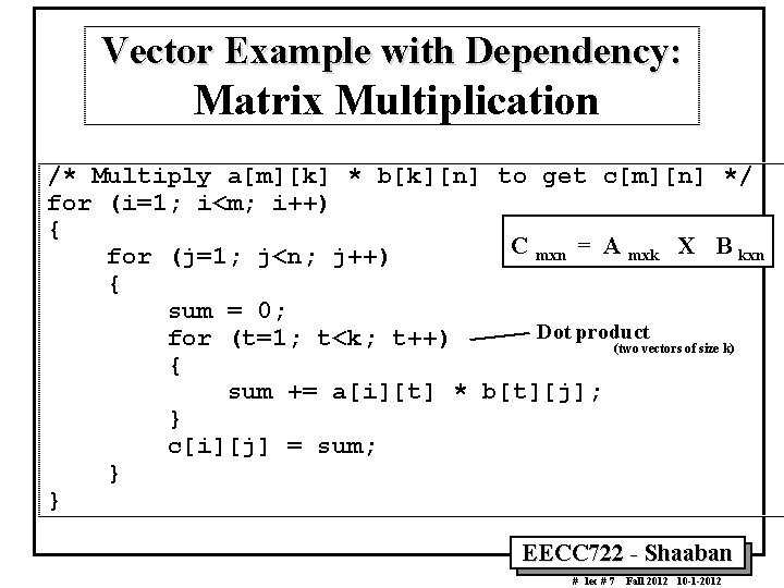 Vector Example with Dependency: Matrix Multiplication /* Multiply a[m][k] * b[k][n] to get c[m][n]