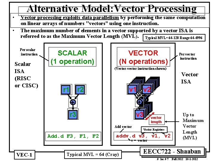  • • Alternative Model: Vector Processing Vector processing exploits data parallelism by performing