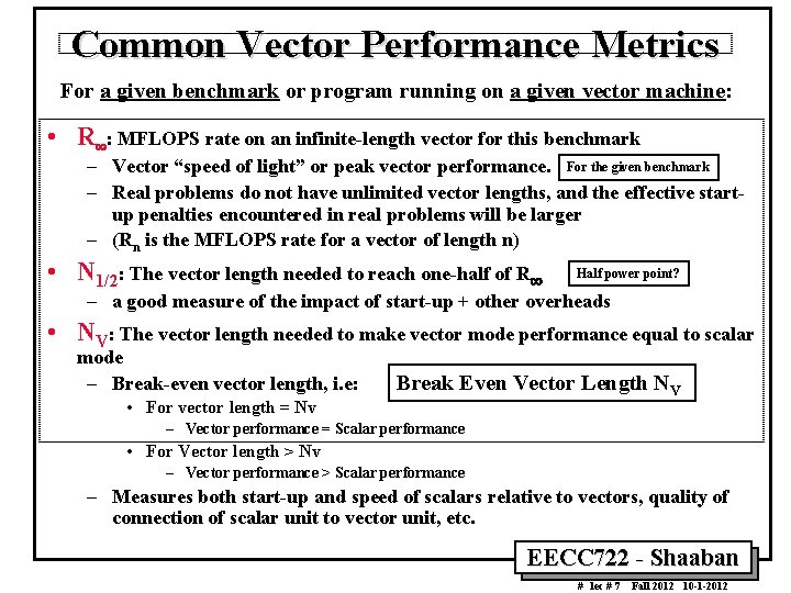 Common Vector Performance Metrics For a given benchmark or program running on a given