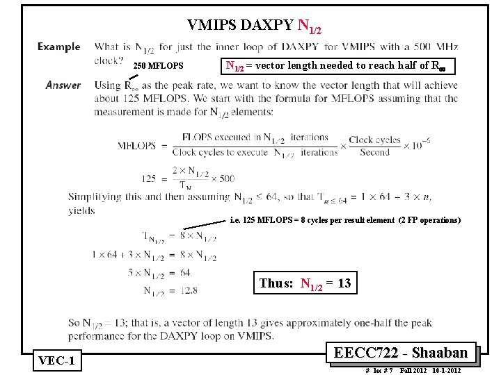 VMIPS DAXPY N 1/2 250 MFLOPS N 1/2 = vector length needed to reach