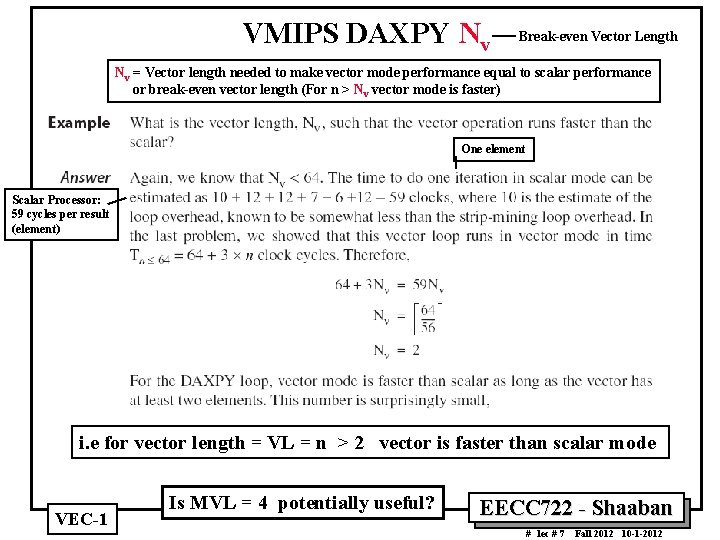 VMIPS DAXPY Nv Break even Vector Length Nv = Vector length needed to make