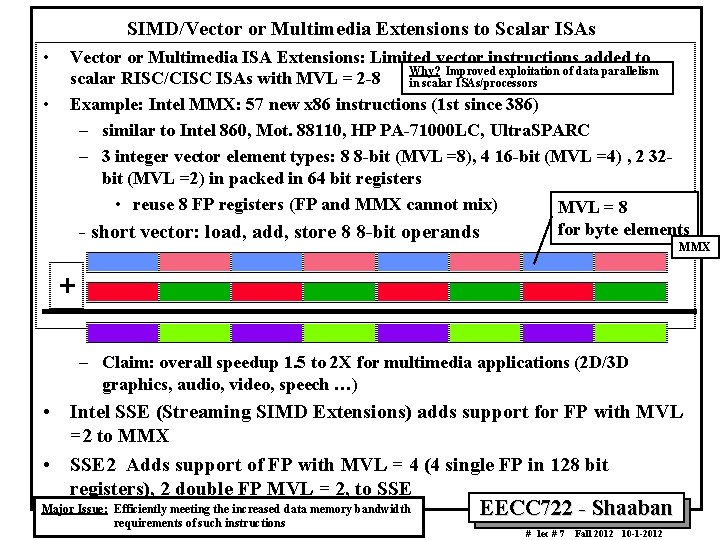 SIMD/Vector or Multimedia Extensions to Scalar ISAs • • Vector or Multimedia ISA Extensions: