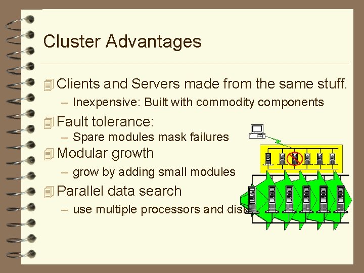Cluster Advantages 4 Clients and Servers made from the same stuff. – Inexpensive: Built
