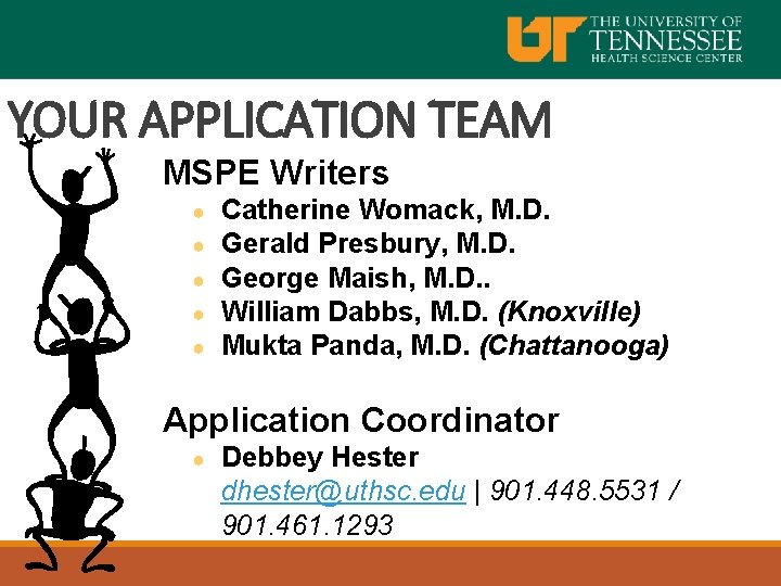 YOUR APPLICATION TEAM MSPE Writers ● ● ● Catherine Womack, M. D. Gerald Presbury,