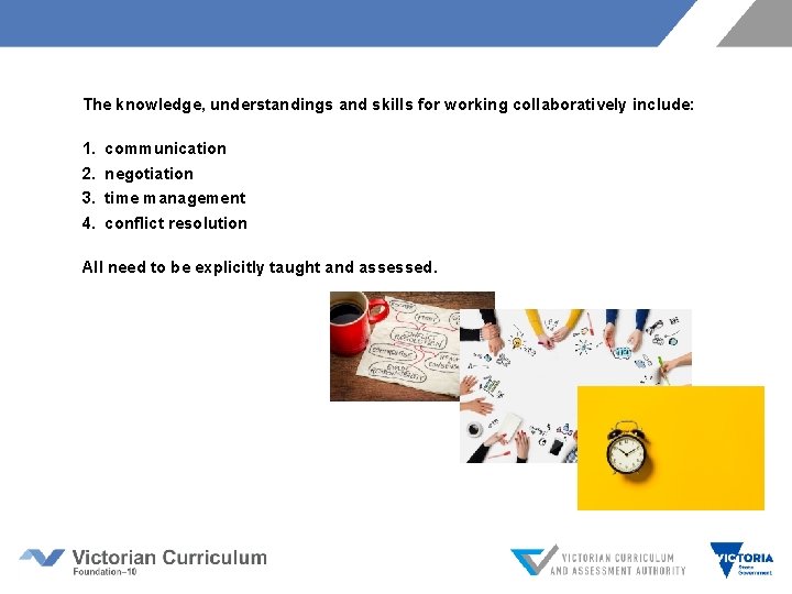 The knowledge, understandings and skills for working collaboratively include: 1. communication 2. negotiation 3.