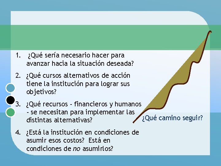 1. ¿Qué sería necesario hacer para avanzar hacia la situación deseada? 2. ¿Qué cursos