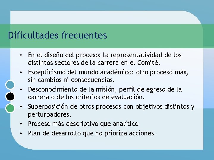 Dificultades frecuentes • En el diseño del proceso: la representatividad de los distintos sectores