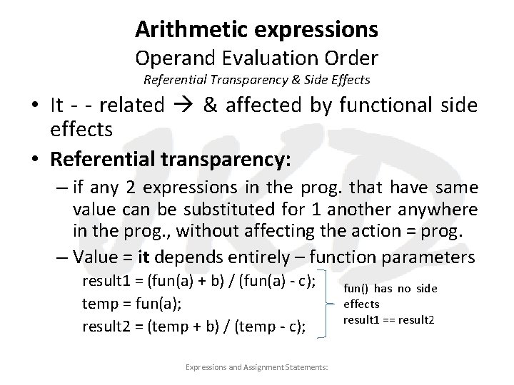 Arithmetic expressions Operand Evaluation Order Referential Transparency & Side Effects • It - -