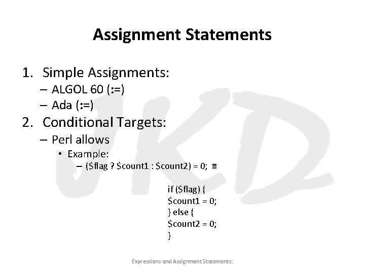 Assignment Statements 1. Simple Assignments: – ALGOL 60 (: =) – Ada (: =)